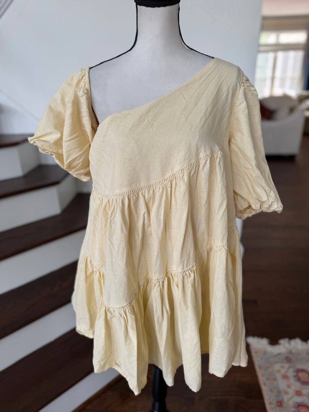 Showpo Light Yellow Asymmetric Off Shoulder Puff Sleeve Tiered Mini Swing Dress